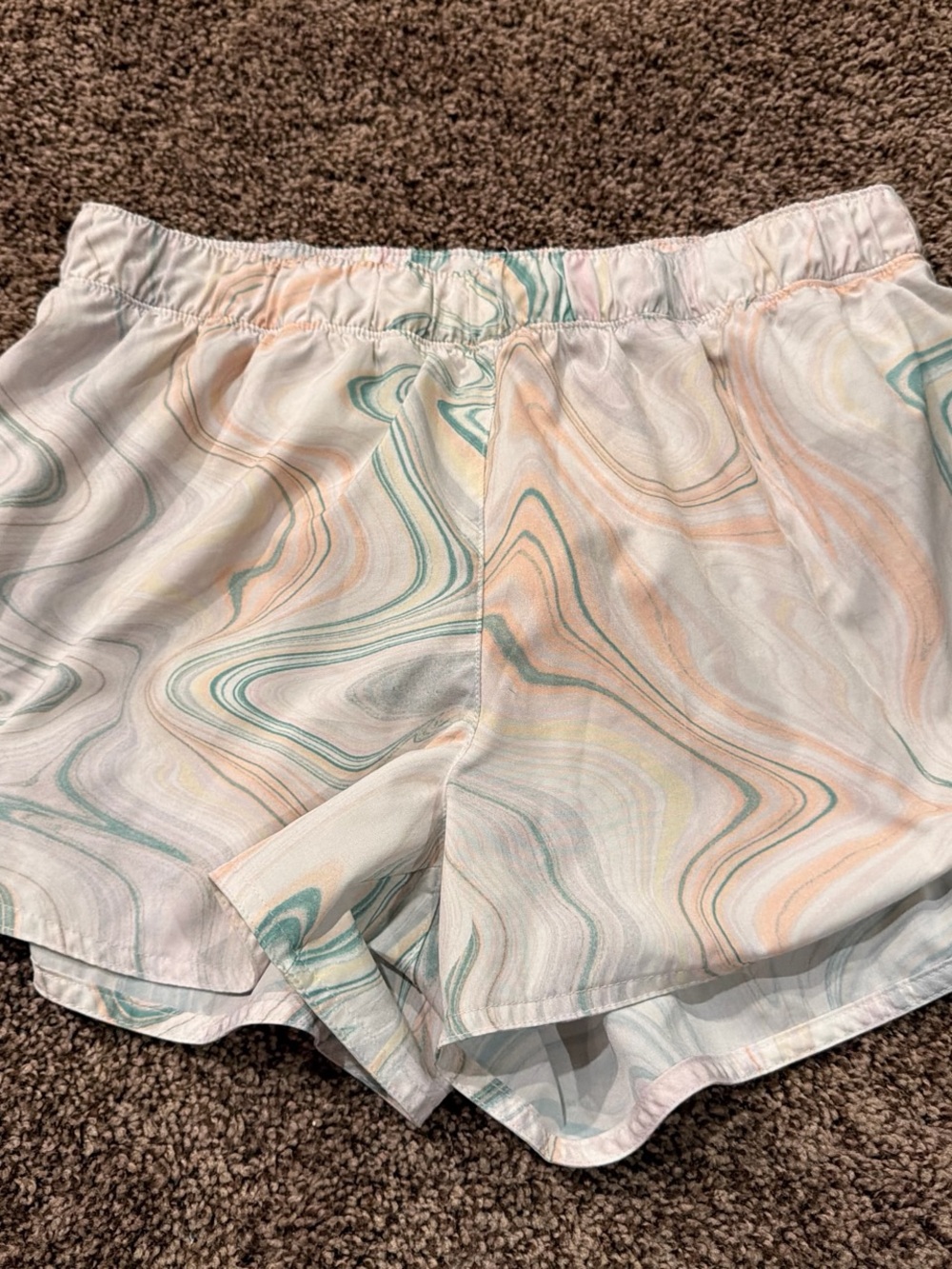 Old Navy Marble-Print Athletic Shorts in Pastel Peach, Teal, and Yellow
